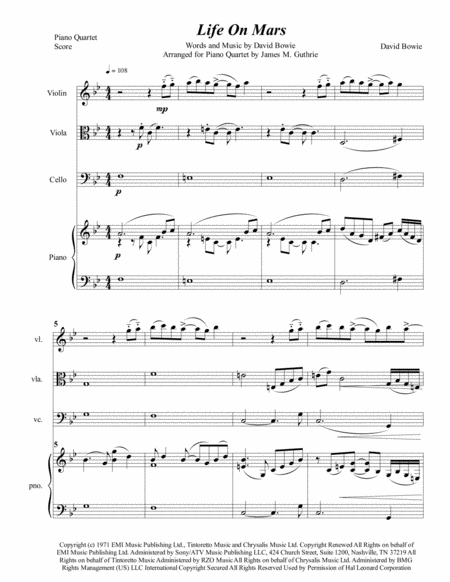 Free Sheet Music David Bowie Life On Mars For Piano Quartet