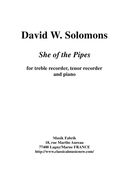 David Warin Solomons She Of The Pipes For Alto Treble Recorder Tenor Recorder And Piano Sheet Music