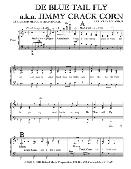 Free Sheet Music De Blue Tail Fly A K A Jimmy Crack Corn