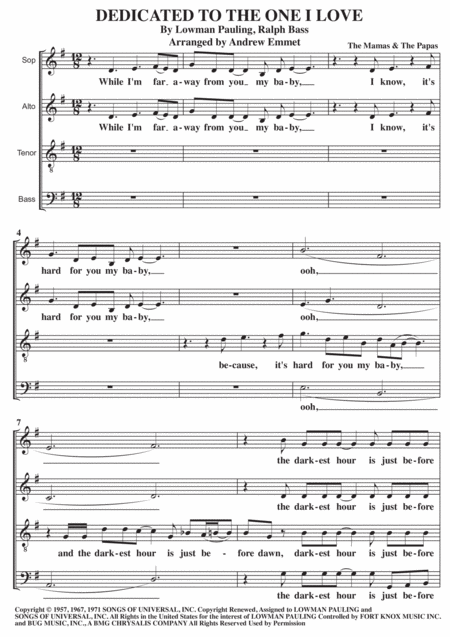 Dedicated To The One I Love A Cappella Sheet Music