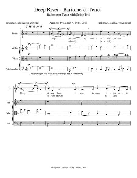 Deep River Baritone Or Tenor Solo String Trio Sheet Music