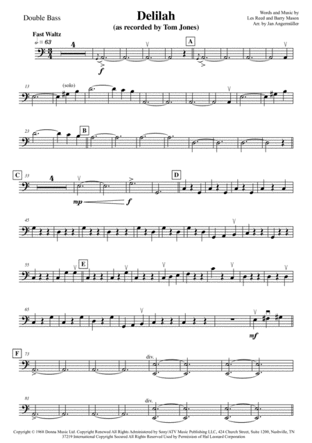 Delilah String Bass Play A Long The String Bass Part Of The Original Tom Jones Recording Sheet Music