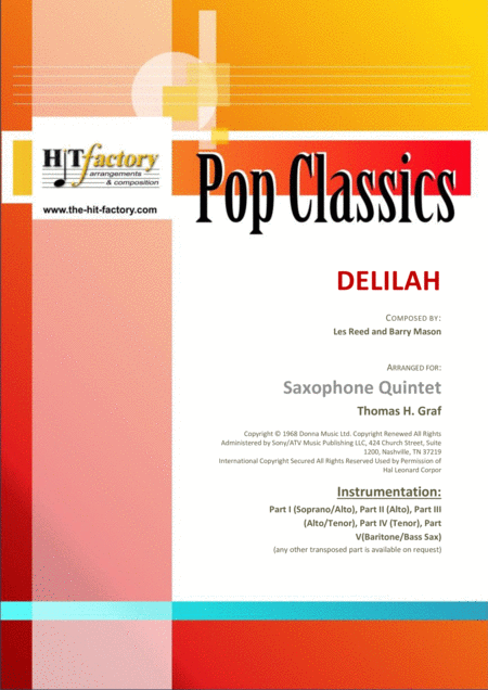 Delilah Tom Jones Classic Saxophone Quintet Sheet Music