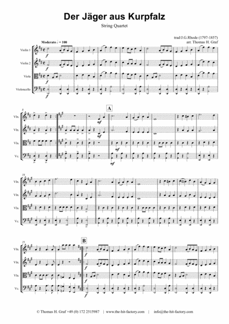 Free Sheet Music Der Jger Aus Kurpfalz German March Octoberfest String Quartet