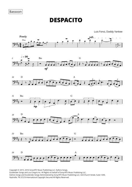 Free Sheet Music Despacito For Bassoon With Chords