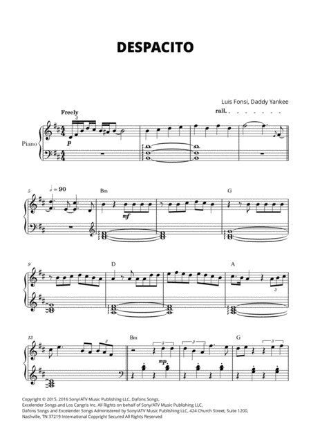 Despacito For Easy Piano With Chords Sheet Music