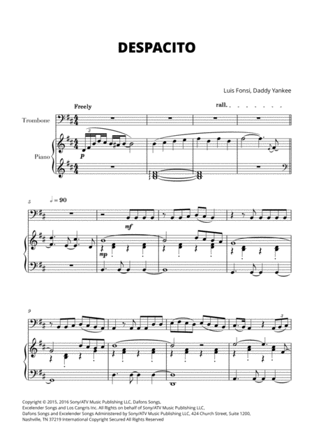 Despacito For Trombone And Piano Sheet Music