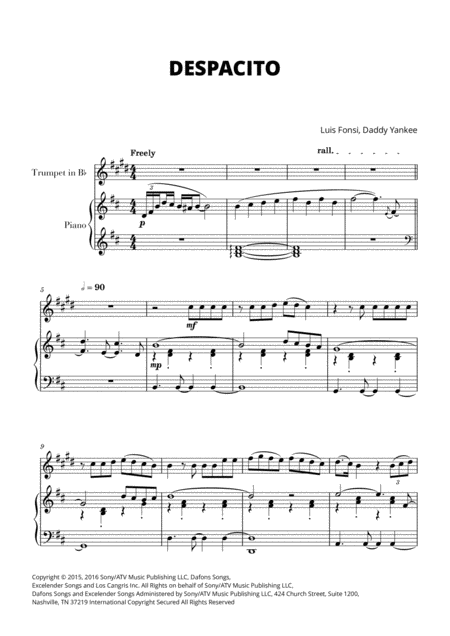 Free Sheet Music Despacito For Trumpet And Piano