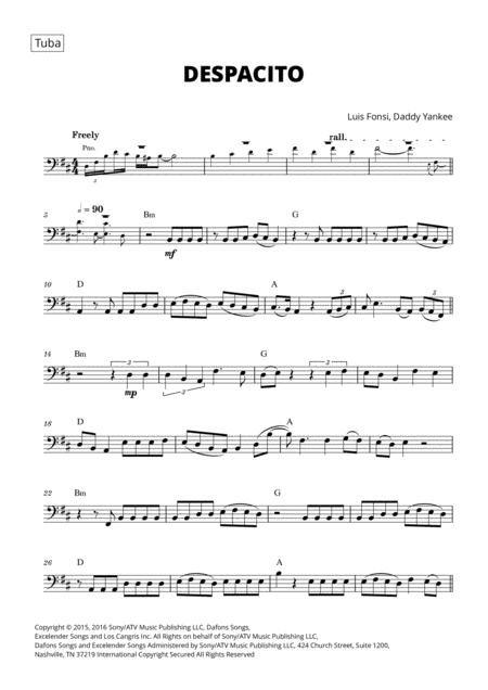 Despacito For Tuba With Chords Sheet Music