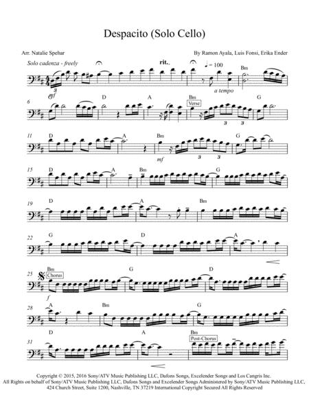 Despacito Solo Cello Chord Symbols Sheet Music