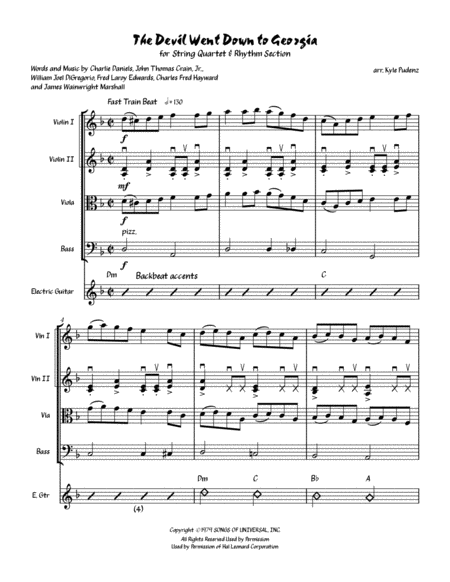 Devil Went Down To Georgia String Quartet With Rhythm Section Parts Sheet Music