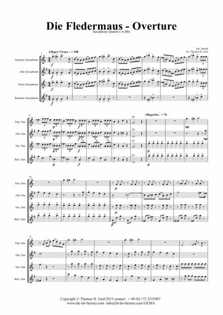 Die Fledermaus Bb J Strauss Overture Saxophone Quartet Sheet Music