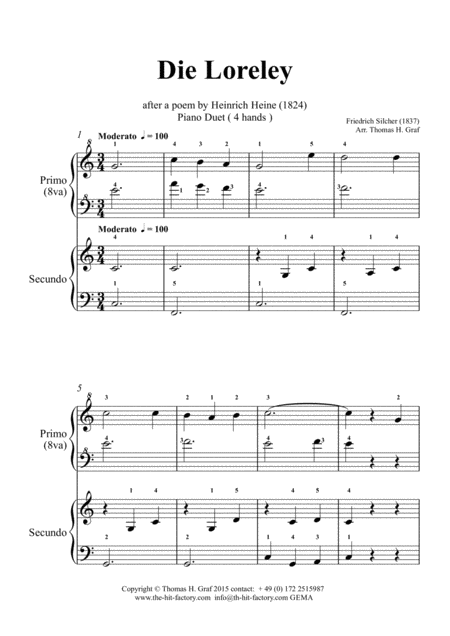 Die Loreley Ich Wei Nicht Was Soll Es Bedeuten German Folk Song Piano Duet 4 Hands Sheet Music