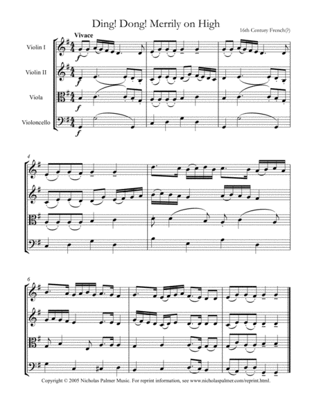 Ding Dong Merrily On High Easy String Quartet Sheet Music