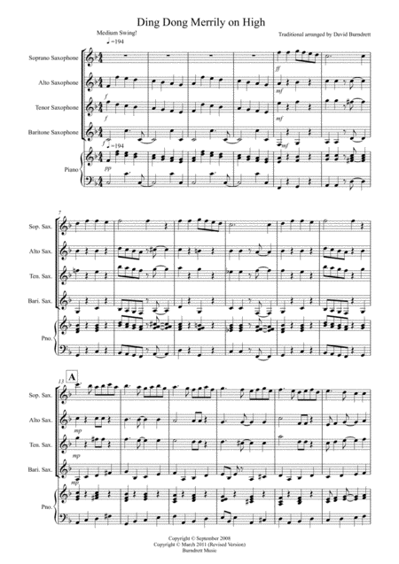 Ding Dong Merrily On High Jazzy Style For Saxophone Quartet Sheet Music