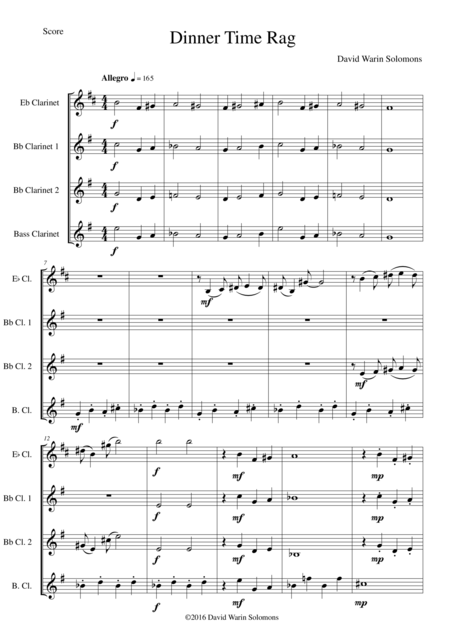 Dinner Time Rag For Clarinet Quartet 1 E Flat Clarinet 2 B Flat Clarinets 1 Bass Clarinet Sheet Music