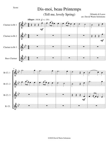 Free Sheet Music Dis Moi Beau Printemps Tell Me Lovely Spring For Clarinet Quartet