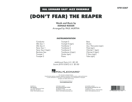 Dont Fear The Reaper Arr Paul Murtha Conductor Score Full Score Sheet Music