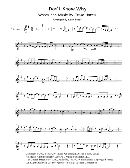 Free Sheet Music Dont Know Why Original Key Alto Sax