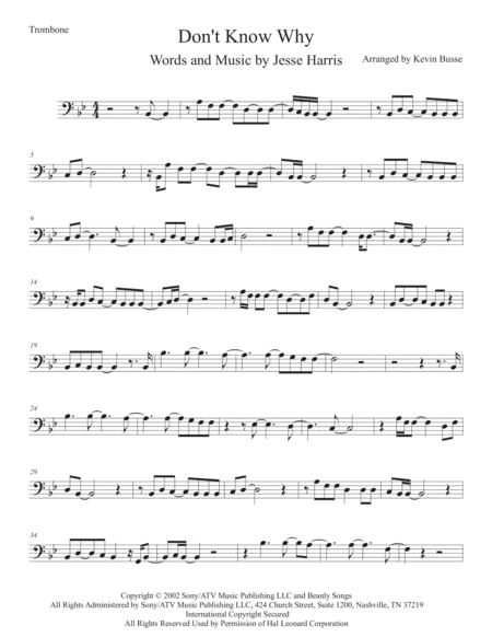 Free Sheet Music Dont Know Why Original Key Trombone