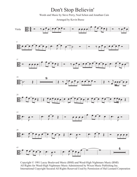 Dont Stop Believin Easy Key Of C Viola Sheet Music