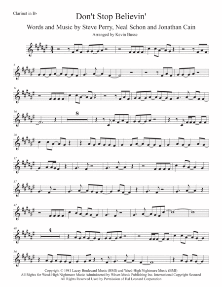 Dont Stop Believin Original Key Clarinet Sheet Music