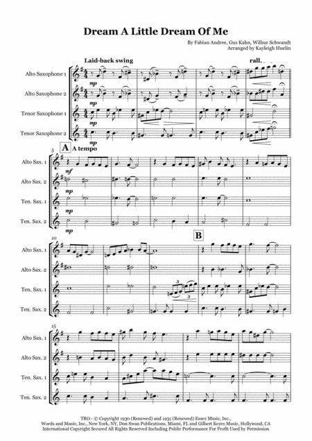 Dream A Little Dream Of Me By The Mamas And The Papas Saxophone Quartet Aatt Sheet Music