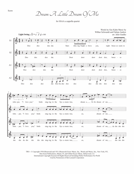 Dream A Little Dream Of Me For Ssaa A Cappella Quartet Sheet Music