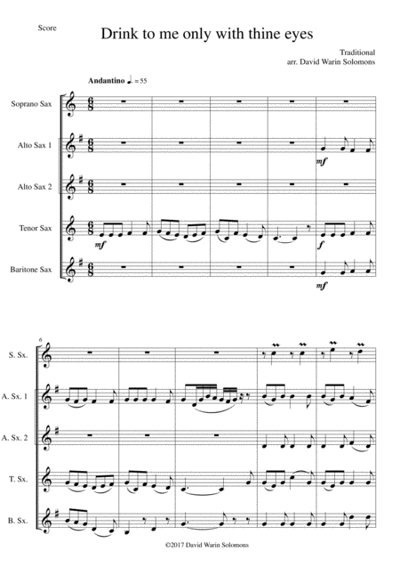 Drink To Me Only With Thine Eyes For Saxophone Quintet Sheet Music