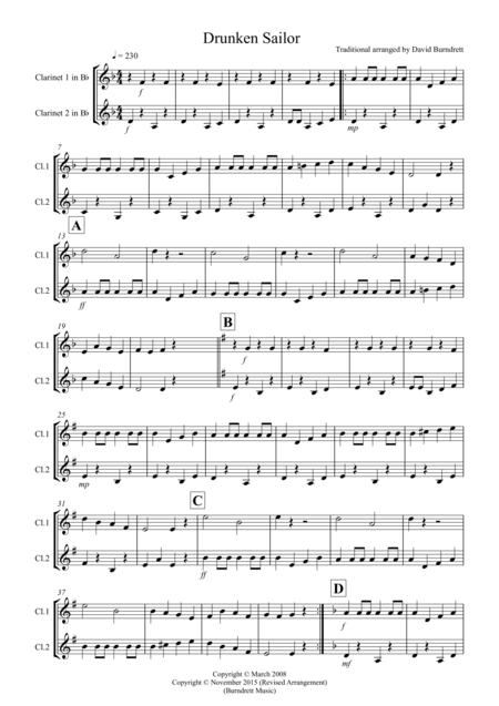 Drunken Sailor For Clarinet Duet Sheet Music