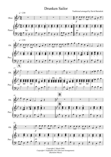 Drunken Sailor For Oboe And Piano Sheet Music