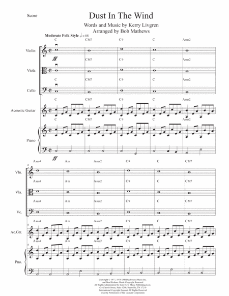 Dust In The Wind For Violin Viola Or Cello Solo Sheet Music