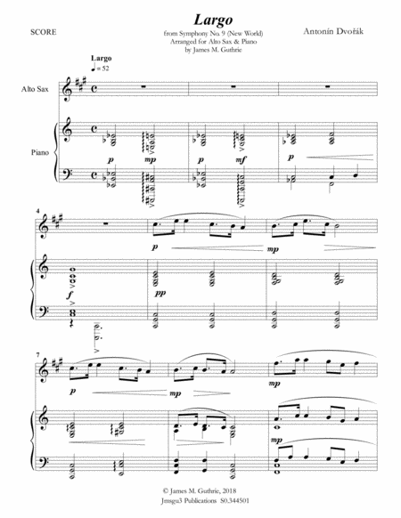 Dvo K Largo From The New World Symphony For Alto Sax Piano Sheet Music