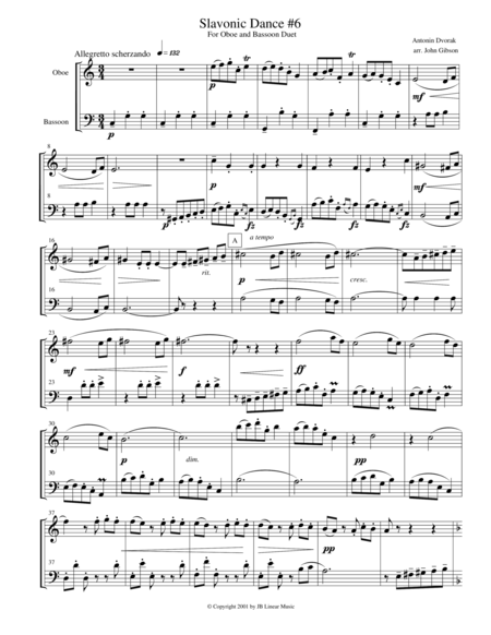 Dvorak Slavonic Dance 6 For Oboe And Bassoon Duet Sheet Music