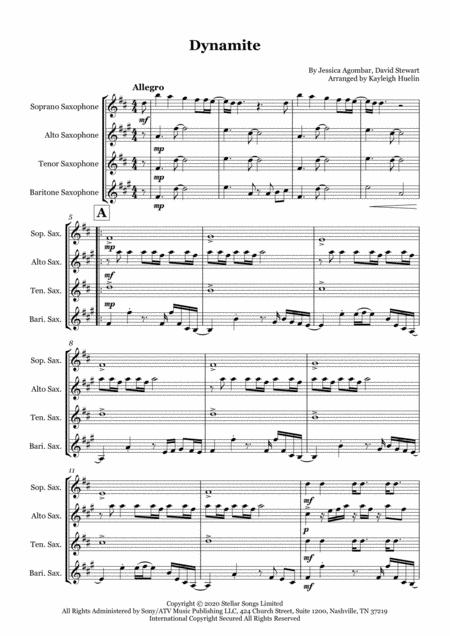 Dynamite By Bts Saxophone Quartet Satb Sheet Music