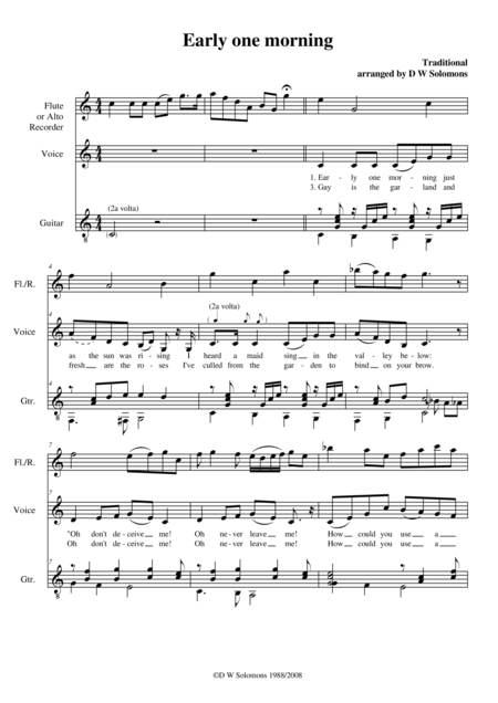 Free Sheet Music Early One Morning For Flute Or Recorder Alto Voice And Classical Guitar