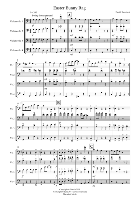 Easter Bunny Rag For Cello Quartet Sheet Music