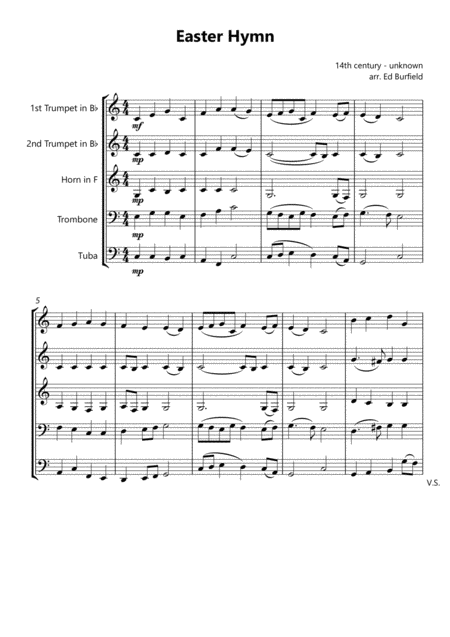 Easter Hymn Christ The Lord Is Risen Today Hymn Tune For Brass Quintet Sheet Music