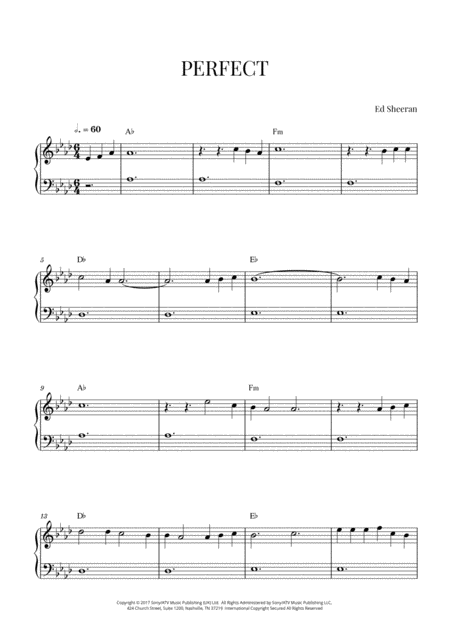 Ed Sheeran Perfect Easy Beginner Piano A Flat Major Original Key Sheet Music