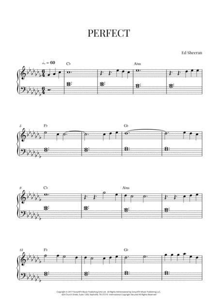 Ed Sheeran Perfect Very Easy Piano C Flat Major Sheet Music