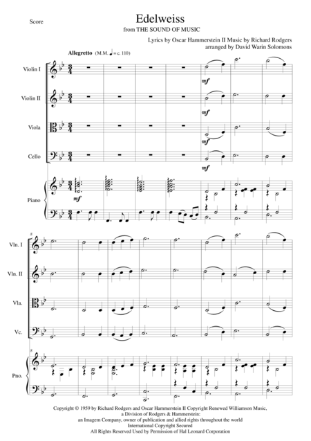 Free Sheet Music Edelweiss For String Quartet And Piano