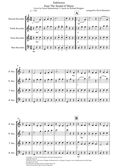 Free Sheet Music Edelweiss From The Sound Of Music For Recorder Quartet