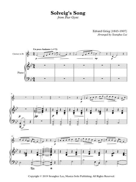 Edvard Grieg Solveigs Song For Clarinet And Piano Arr Seunghee Lee Sheet Music