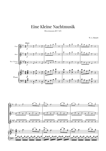 Eine Kleine Nachtmusik For Flute Oboe Bass Clarinet And Piano Sheet Music