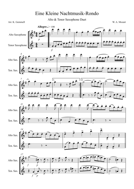 Eine Kleine Nachtmusik Rondo Alto Tenor Saxophone Duet Sheet Music