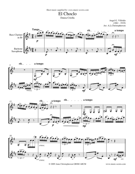 Free Sheet Music El Choclo Duo For Bass Clarinet And Baritone Sax