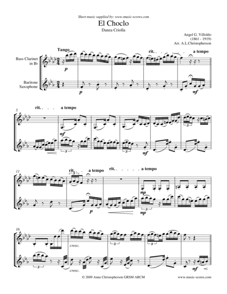 El Choclo Duo For Bass Clarinet Harder And Baritone Sax Sheet Music