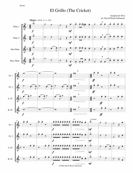 Free Sheet Music El Grillo The Cricket With Decorations For Flute Quartet