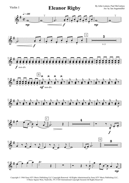 Eleanor Rigby Beatles Transcription Of The Original Violin 1 Part Sheet Music