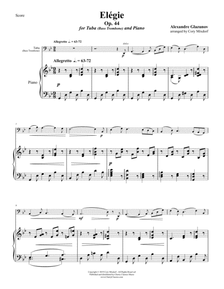 Free Sheet Music Elegie Opus 44 For Tuba Or Bass Trombone And Piano